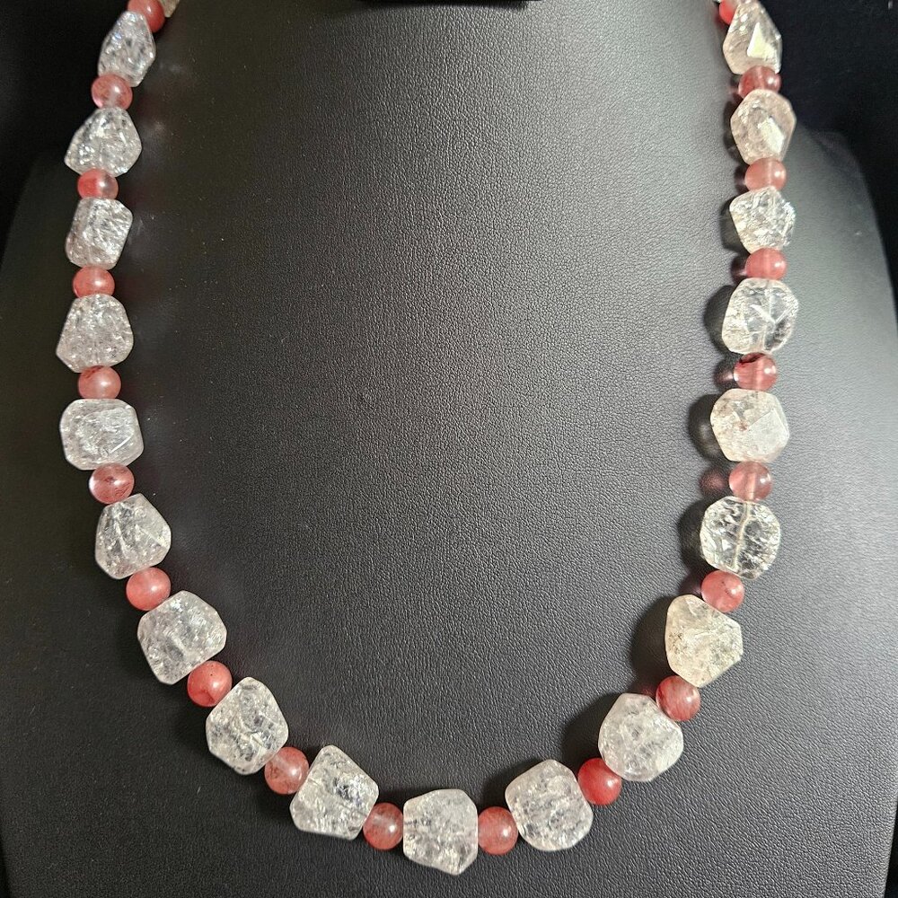 Hand Crafted Beaded Cherry and Cracked Quartz Sterling Silver Necklace